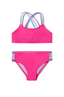 Bright pink girls bikini set with colorful crisscross straps