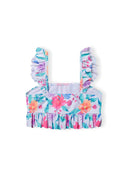 Vibrant floral print girls bikini set with ruffled straps and hem