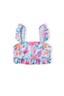 Vibrant floral girls bikini set with ruffled straps in pink, orange, teal, purple