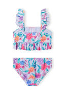 Girls bikini set with vibrant floral print, ruffled straps in pastel hues