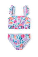 Vibrant girls bikini set with floral print, ruffled straps, pink orange teal purple blossoms on lavender