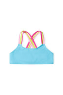 Light blue girls bikini set with colorful pink, yellow, lime green crisscross straps