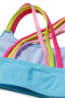 Girls bikini set blue with pastel turquoise top and colorful crisscross straps