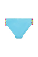 Light blue girls bikini set with colorful crisscross straps and striped trim