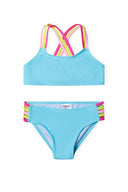 Light blue girls bikini set with colorful crisscross striped straps