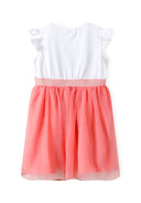 Girls dress in white and coral with frill cap sleeves and tulle skirt