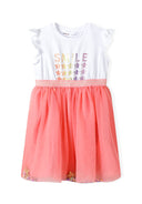 Girls dress in white and coral with frill cap sleeves and tulle skirt