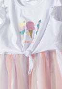 Girls dress with frill sleeves bow, white ruffles, glittery ice cream graphic, pastel pink tulle skirt