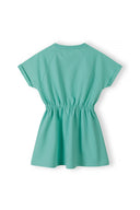 Teal girls fleece dress with gathered waist and flared skirt