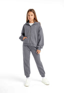 Girls fleece jogpant with elasticated waistband in gray hoodie outfit