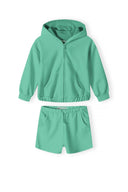 Girls fleece set in mint green with hoodie, shorts, and heart embroidery
