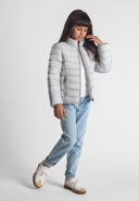 Girls quilted light gray puffer jacket with high collar and zipper