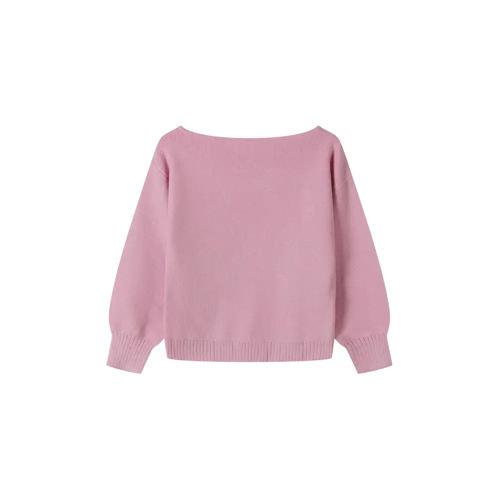 Pink textured knit jumper laid flat showing boat neckline and ribbed cuffs on black background