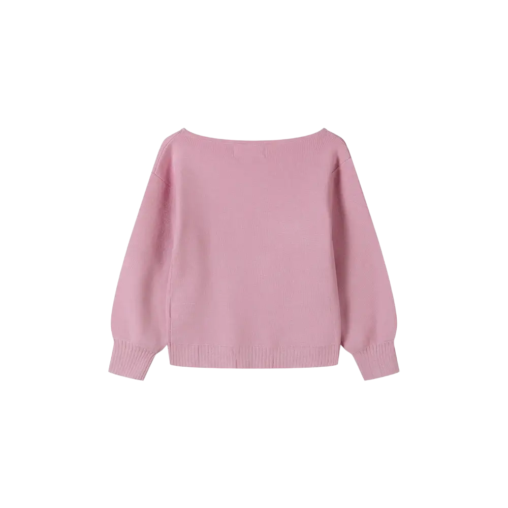 Pink textured knit jumper laid flat showing boat neckline and ribbed cuffs on black background