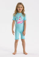 Girls light blue unicorn rash suit with swim hat, ruffled sleeves and hem