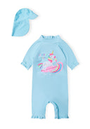 Girls light blue unicorn rash suit with matching swim hat