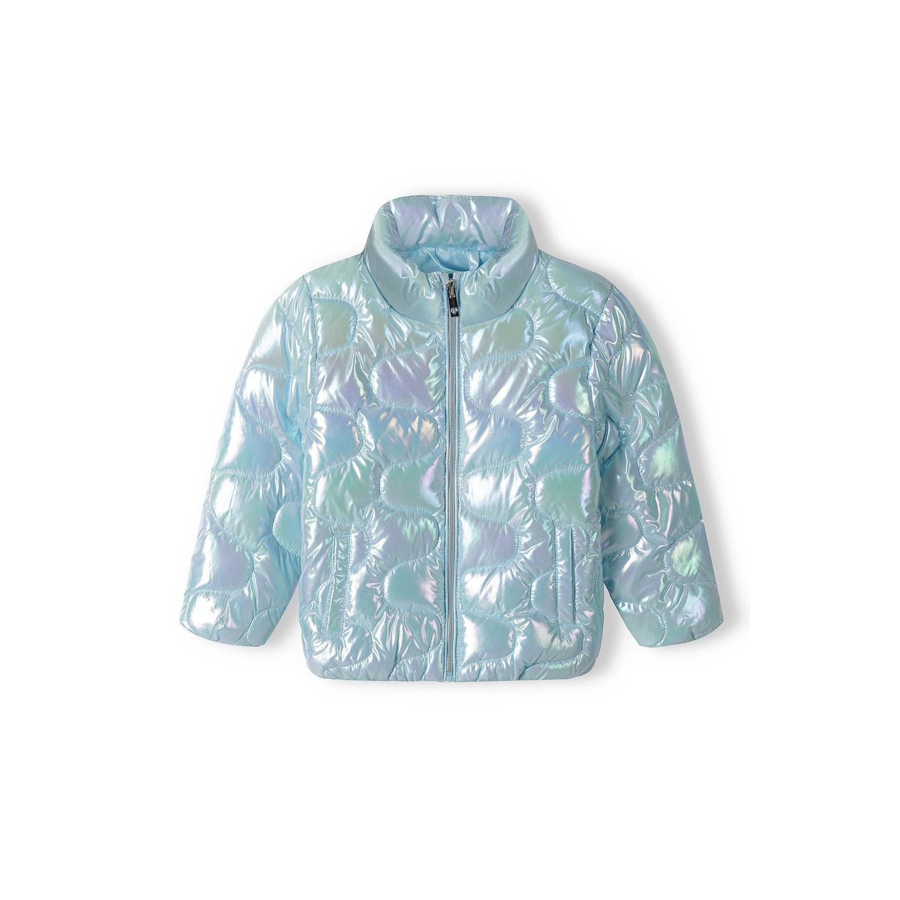 Back view of iridescent blue quilted jacket showing diamond quilting pattern and funnel neck collar on white background