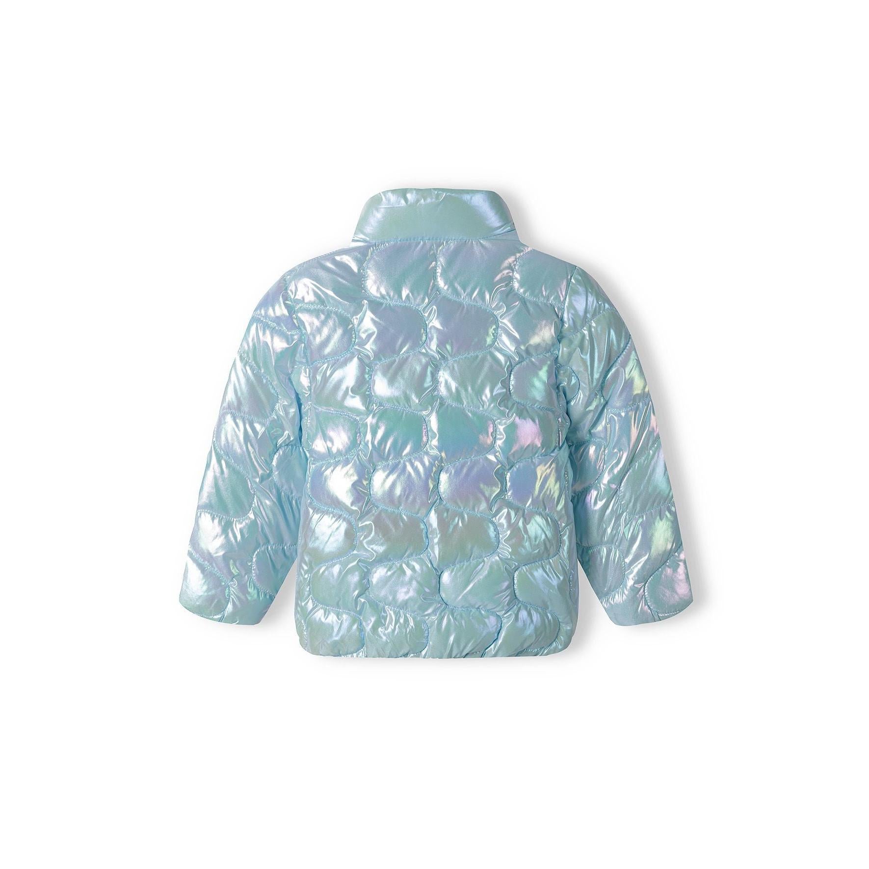 Back view of iridescent blue quilted jacket showing diamond quilting pattern and funnel neck collar on white background