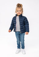Girls light padded navy blue quilted puffer jacket with silver zippers