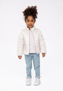 Girls light padded white quilted puffer jacket with pink zipper accents