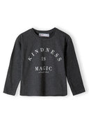 Girls long sleeve graphic tee in dark gray heather with kindness is magic print