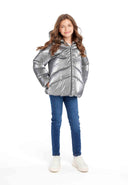 Girls metallic padded jacket in silver quilted hooded design