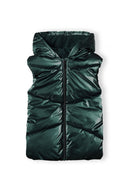 Girls padded gilet in dark green shiny nylon with hood and zipper