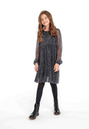 Girls party dress in black textured tiered style with sheer long sleeves
