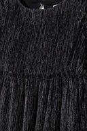 Black textured tiered girls party dress with shimmering velvet ribbing