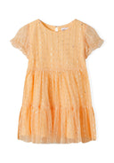 Peach girls party dress with tiered design and sheer ruffled sleeves