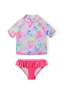 Girls pastel tie-dye two piece rash set with pink ruffles