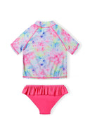 Girls pastel tie-dye two-piece rash set with pink ruffles