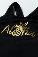Girls one-piece swimsuit with black top, gold aloha lettering and pineapple design