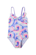 Vibrant girls one-piece swimsuit in pink, blue, purple tie-dye with ruffles
