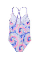 Vibrant pink blue purple tie-dye girls one-piece swimsuit with lavender straps