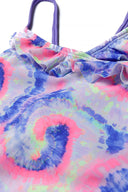 Vibrant girls one-piece swimsuit in pink, blue, purple tie-dye with ruffles