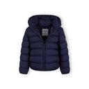 Girls navy quilted jacket with zip, detachable hood, and high collar.