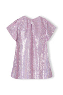 Shimmering pink girls sequin party dress with short sleeves and back zipper