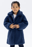 Girls sherpa boucle jacket in navy blue plush teddy coat