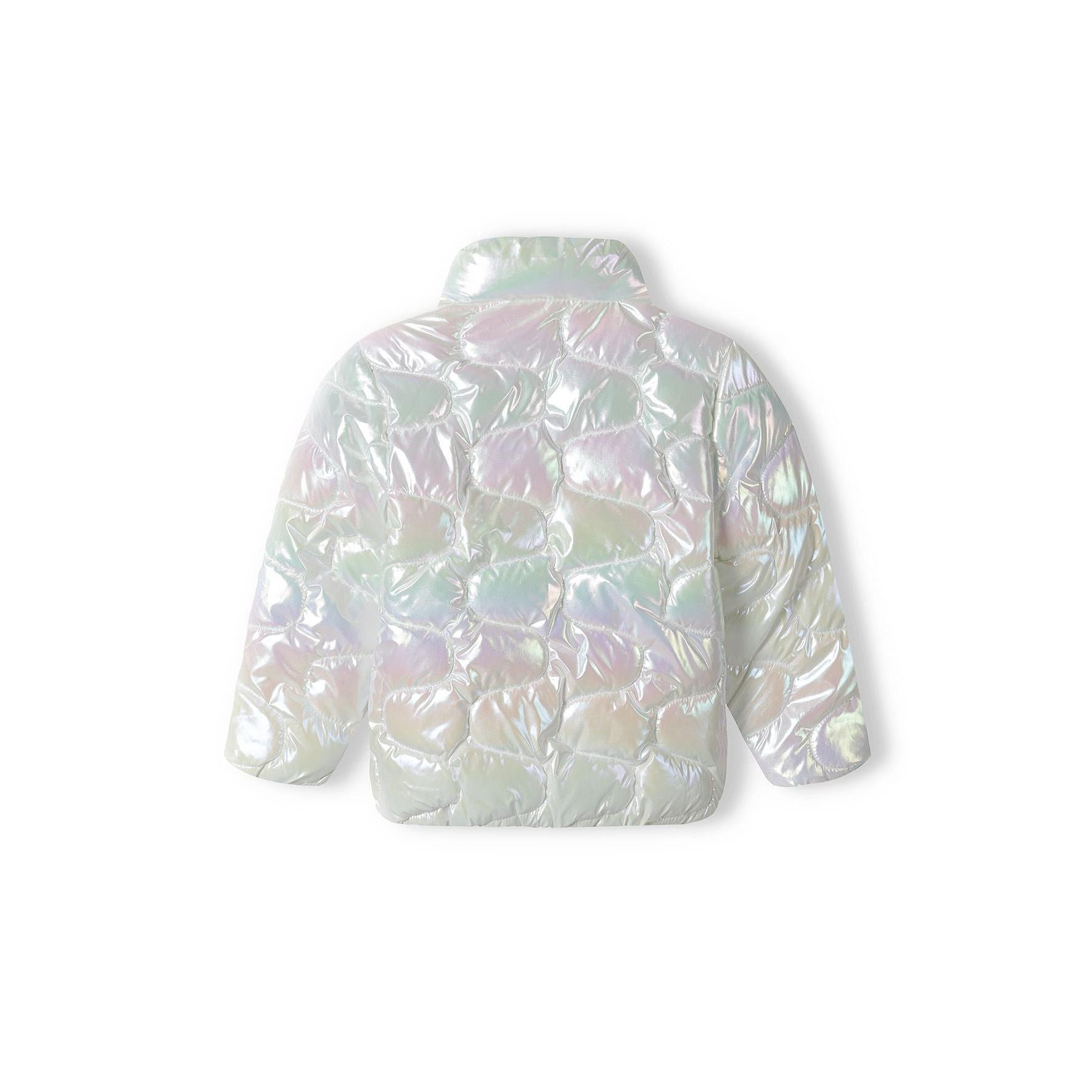 Back view of white iridescent quilted padded jacket showing diamond-shaped quilted pattern on white background