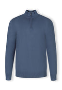 Men half zip blue sweater with stand collar and ribbed cuffs