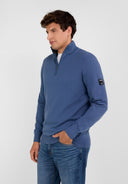 Men half zip blue sweater with stand collar, textured knit, black patch