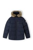 MÄ™ska zimowa kurtka granatowa z kapturem z futerkiem i zamkiem bĹ‚yskawicznym