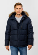 MÄ™ska zimowa kurtka granatowa z kapturem z futerkiem i zamkiem bĹ‚yskawicznym
