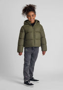 Girls khaki short water repellent quilted jacket with hood and high collar