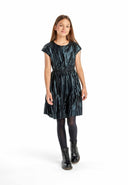 Shimmering dark teal pleated party dress with fitted bodice and flared skirt