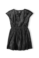 Black pleated party dress with fitted bodice and elastic waistband