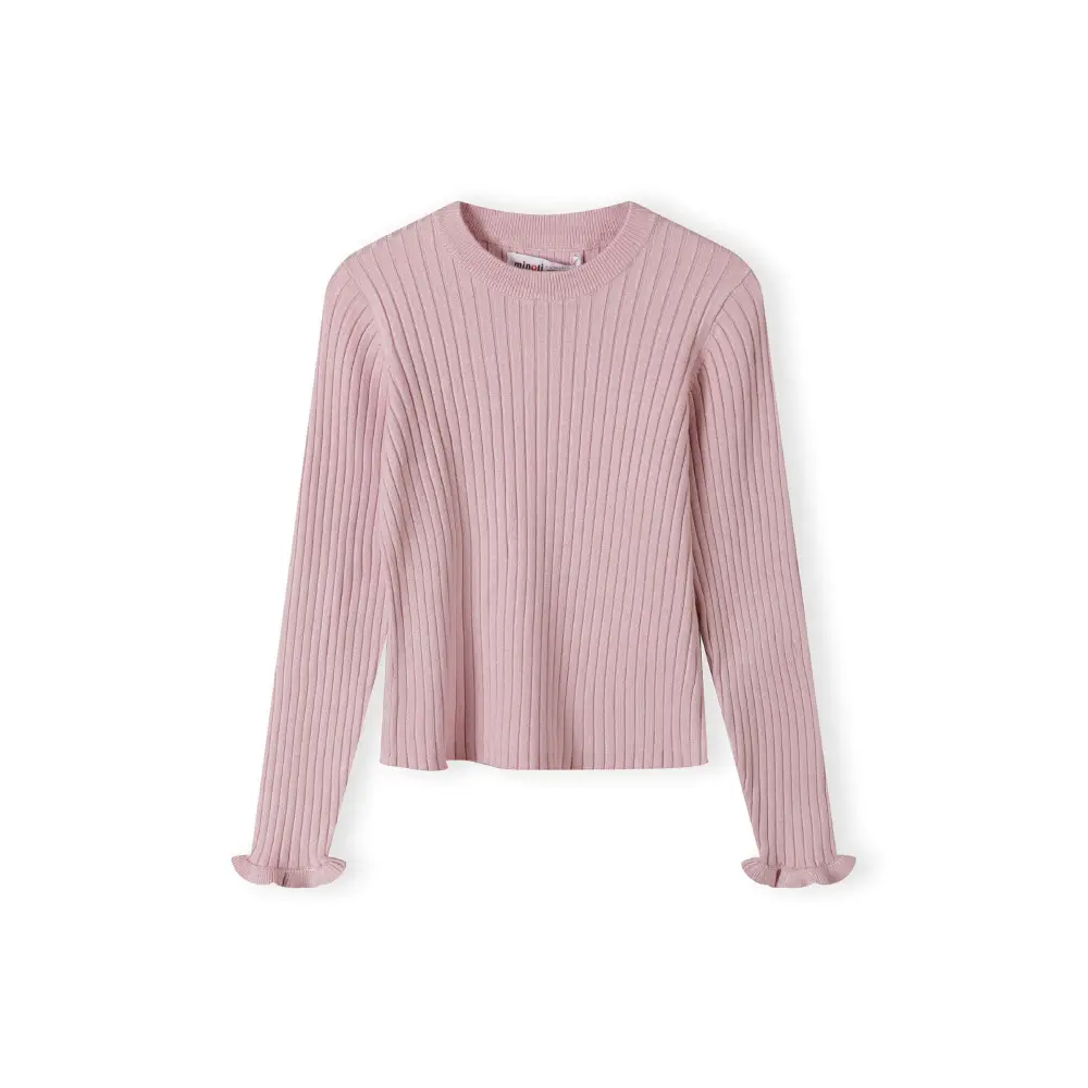 Light pink ribbed jumper laid flat showing back view with long sleeves and frill cuff details against white background